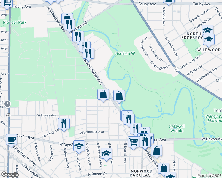map of restaurants, bars, coffee shops, grocery stores, and more near 6633 North Milwaukee Avenue in Niles