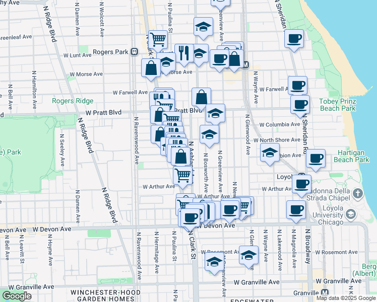 map of restaurants, bars, coffee shops, grocery stores, and more near 1600 West Wallen Avenue in Chicago