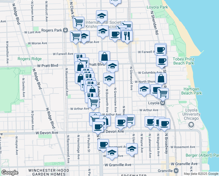 map of restaurants, bars, coffee shops, grocery stores, and more near 6631 North Bosworth Avenue in Chicago