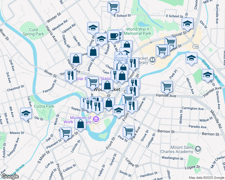map of restaurants, bars, coffee shops, grocery stores, and more near 162 Main Street in Woonsocket