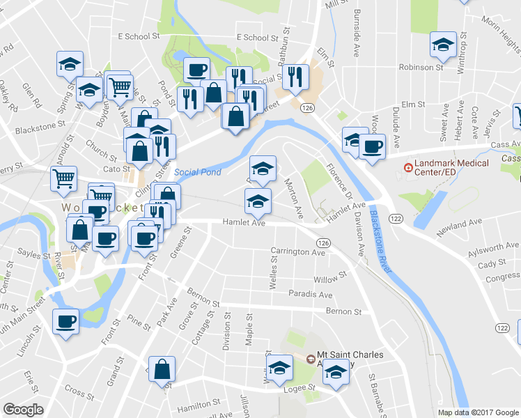map of restaurants, bars, coffee shops, grocery stores, and more near 47 Harrison Avenue in Woonsocket