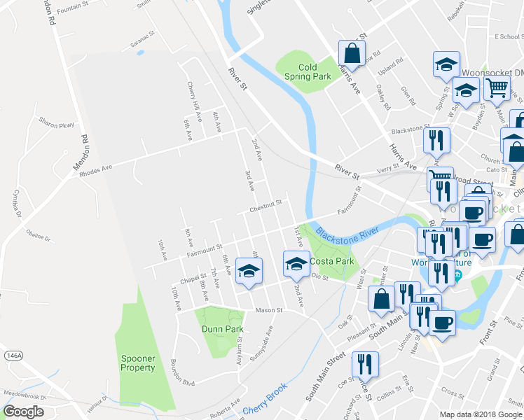 map of restaurants, bars, coffee shops, grocery stores, and more near 337 3rd Avenue in Woonsocket