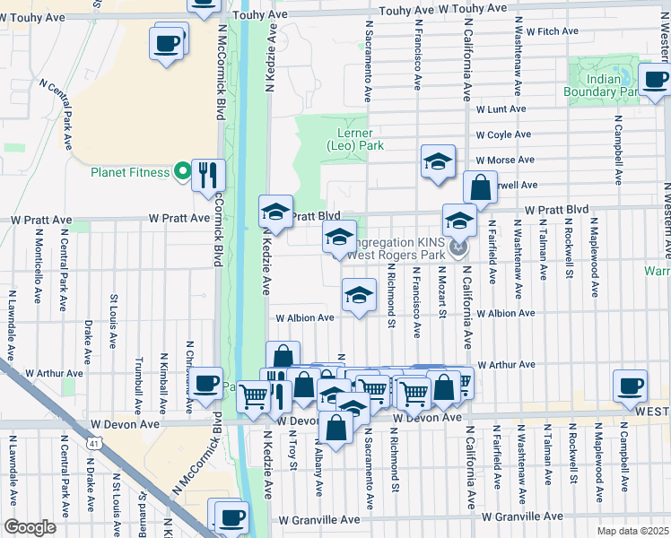 map of restaurants, bars, coffee shops, grocery stores, and more near 6700 North Whipple Street in Chicago