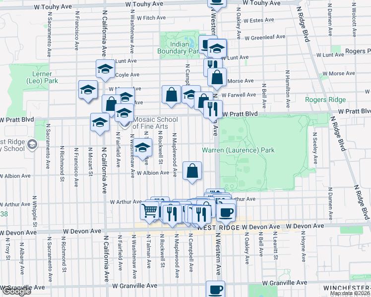 map of restaurants, bars, coffee shops, grocery stores, and more near 2503 West North Shore Avenue in Chicago