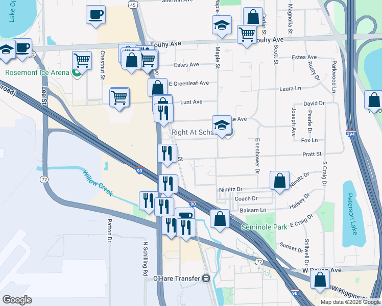 map of restaurants, bars, coffee shops, grocery stores, and more near 1710 Pratt Street in Des Plaines