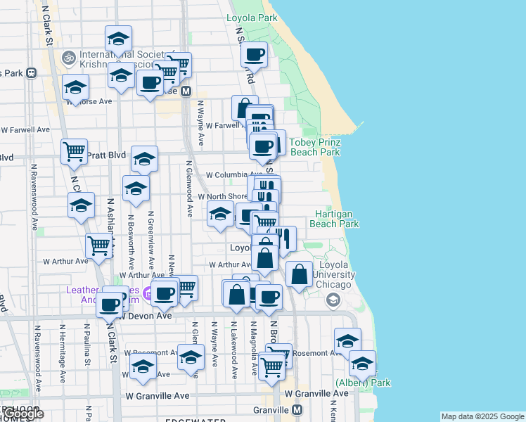 map of restaurants, bars, coffee shops, grocery stores, and more near 6610 North Sheridan Road in Chicago