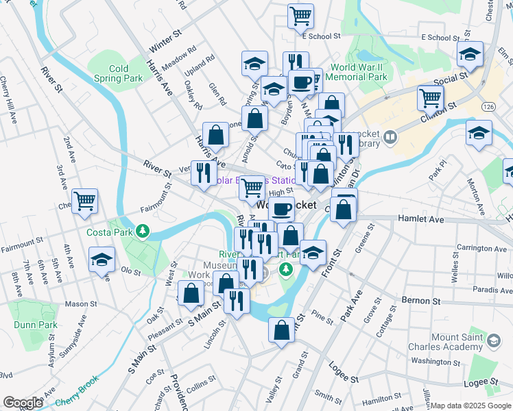 map of restaurants, bars, coffee shops, grocery stores, and more near 12 Clark Court in Woonsocket