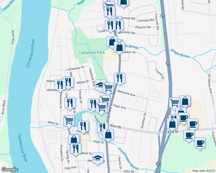 map of restaurants, bars, coffee shops, grocery stores, and more near 101 Alden Avenue in Enfield