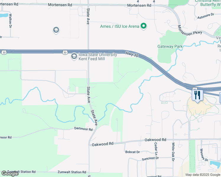map of restaurants, bars, coffee shops, grocery stores, and more near 2810 Meadow Glen Road in Ames