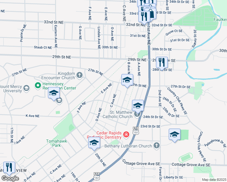 map of restaurants, bars, coffee shops, grocery stores, and more near 2524 C Avenue Northeast in Cedar Rapids