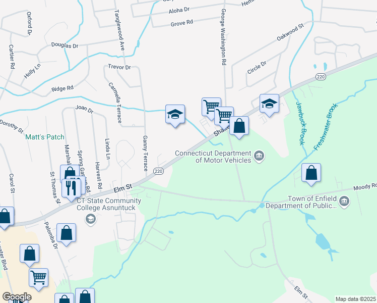 map of restaurants, bars, coffee shops, grocery stores, and more near 27 Shaker Road in Enfield