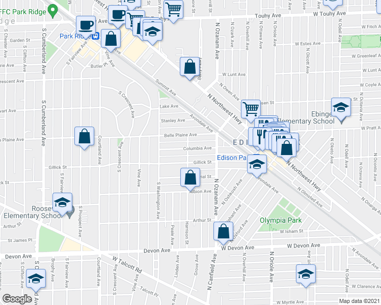 map of restaurants, bars, coffee shops, grocery stores, and more near 127 Columbia Avenue in Park Ridge