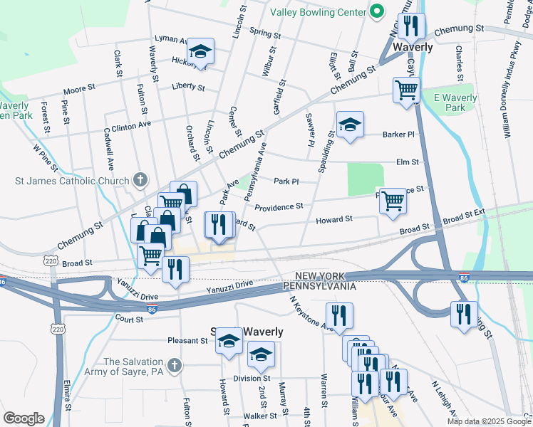 map of restaurants, bars, coffee shops, grocery stores, and more near 108 Providence St in Waverly
