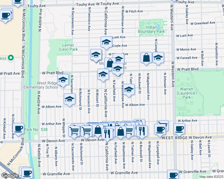 map of restaurants, bars, coffee shops, grocery stores, and more near 6658 North Fairfield Avenue in Chicago