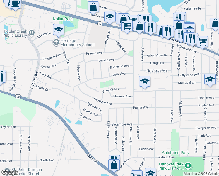 map of restaurants, bars, coffee shops, grocery stores, and more near 801 Stowell Avenue in Streamwood