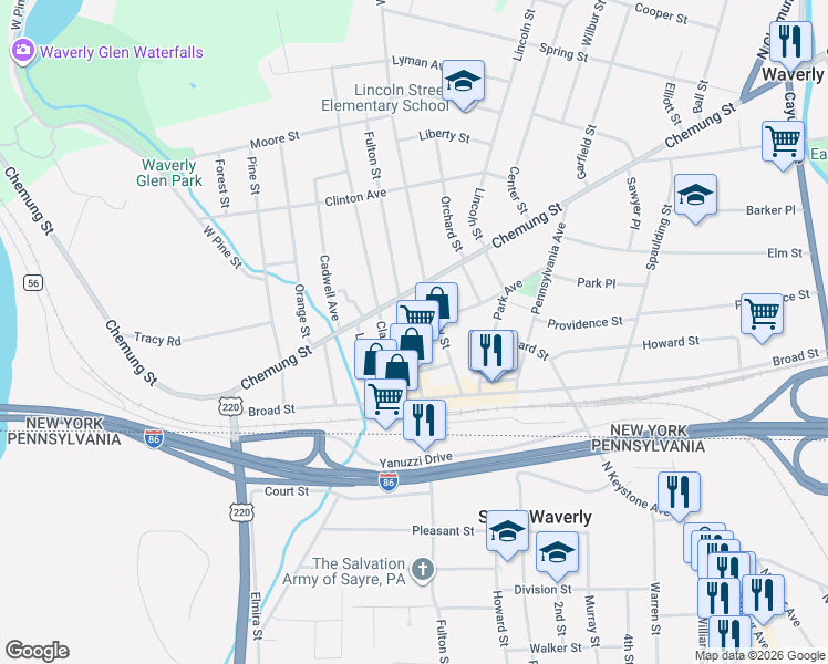 map of restaurants, bars, coffee shops, grocery stores, and more near 454 Fulton Street in Waverly