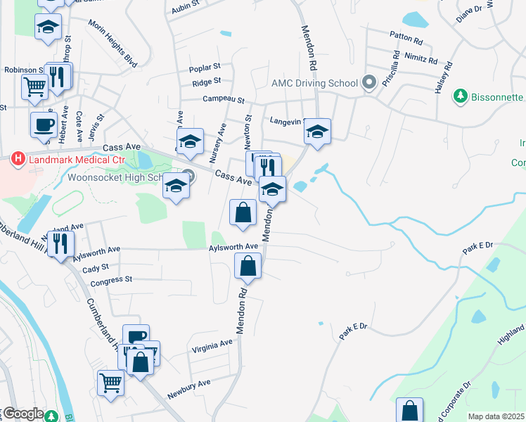 map of restaurants, bars, coffee shops, grocery stores, and more near 68 Loring Street in Woonsocket