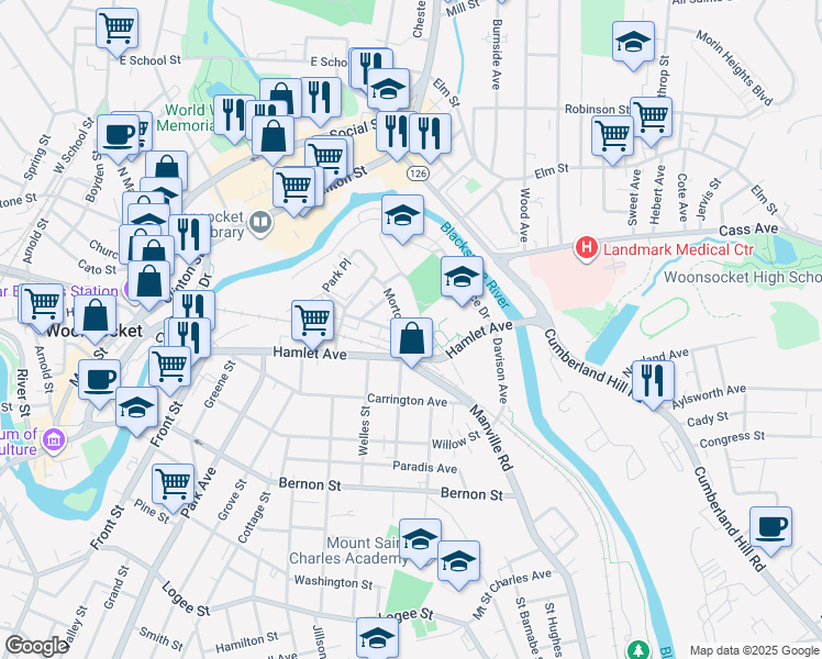 map of restaurants, bars, coffee shops, grocery stores, and more near 138 Hamlet Avenue in Woonsocket