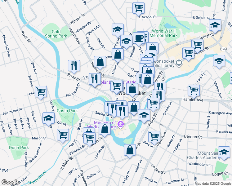 map of restaurants, bars, coffee shops, grocery stores, and more near 201 Arnold Street in Woonsocket