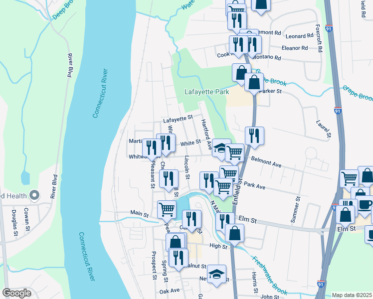 map of restaurants, bars, coffee shops, grocery stores, and more near 81 Lincoln Street in Enfield