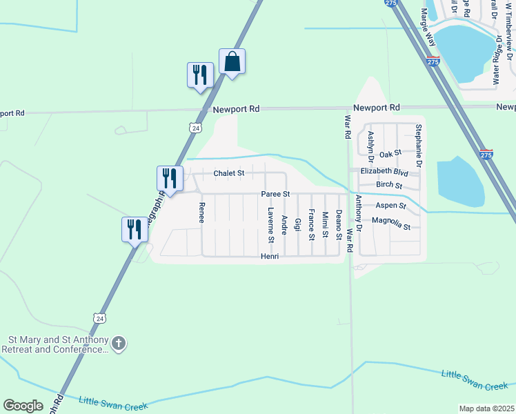 map of restaurants, bars, coffee shops, grocery stores, and more near 8543 Laverne Street in Monroe County