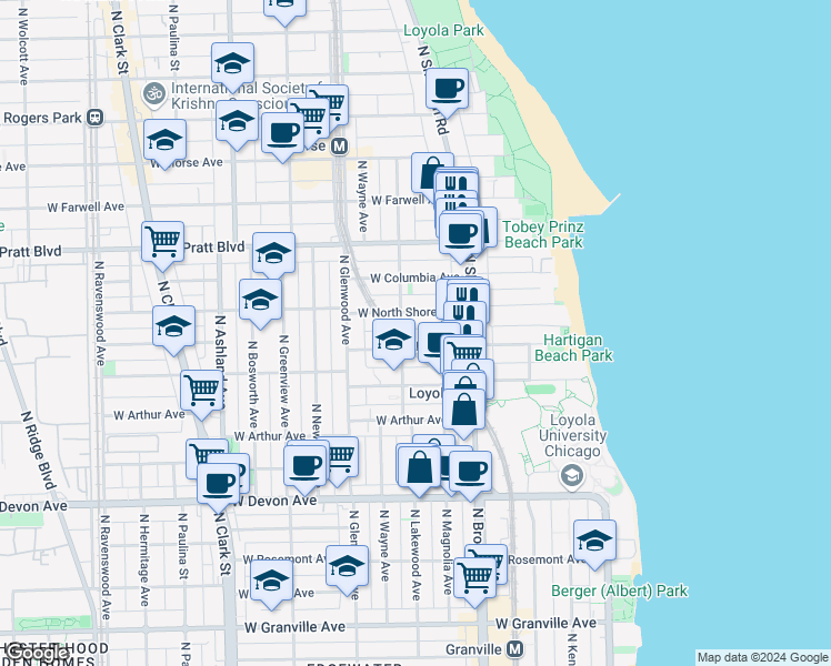map of restaurants, bars, coffee shops, grocery stores, and more near 1254 West Albion Avenue in Chicago
