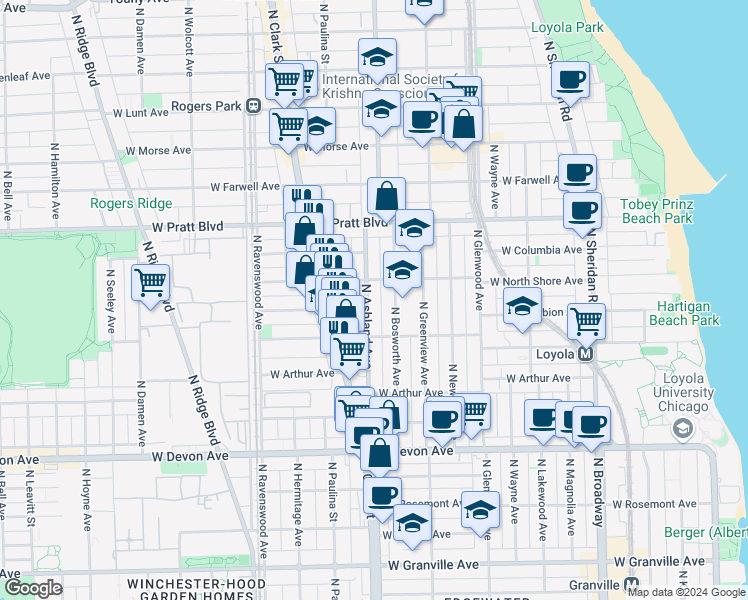 map of restaurants, bars, coffee shops, grocery stores, and more near 6645 North Ashland Avenue in Chicago