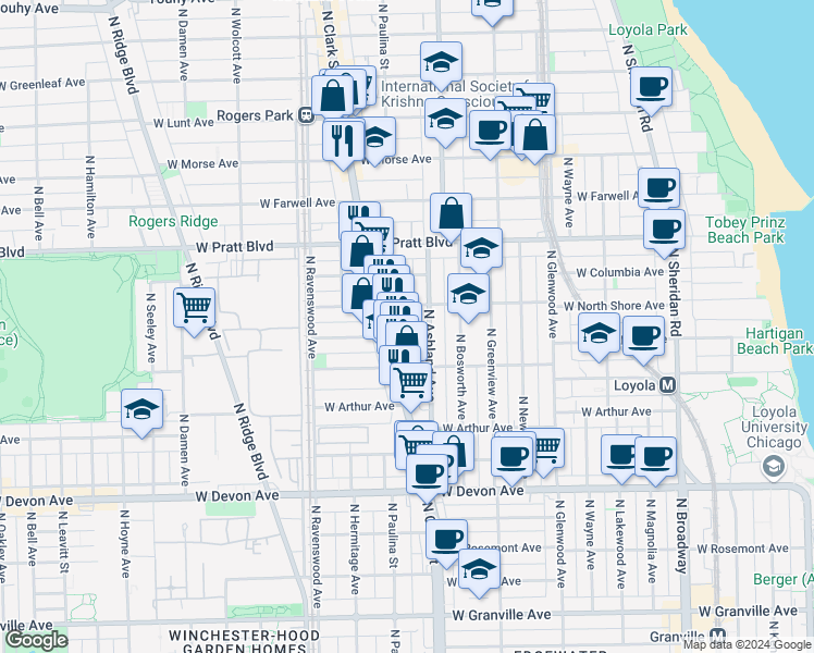 map of restaurants, bars, coffee shops, grocery stores, and more near 6647 North Clark Street in Chicago