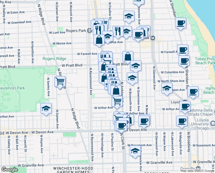 map of restaurants, bars, coffee shops, grocery stores, and more near 6647 North Clark Street in Chicago