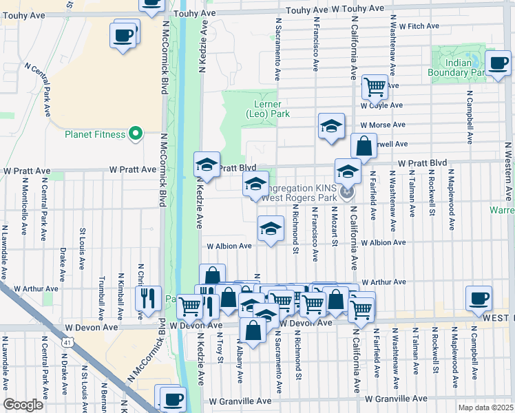 map of restaurants, bars, coffee shops, grocery stores, and more near 6700 North Whipple Street in Chicago