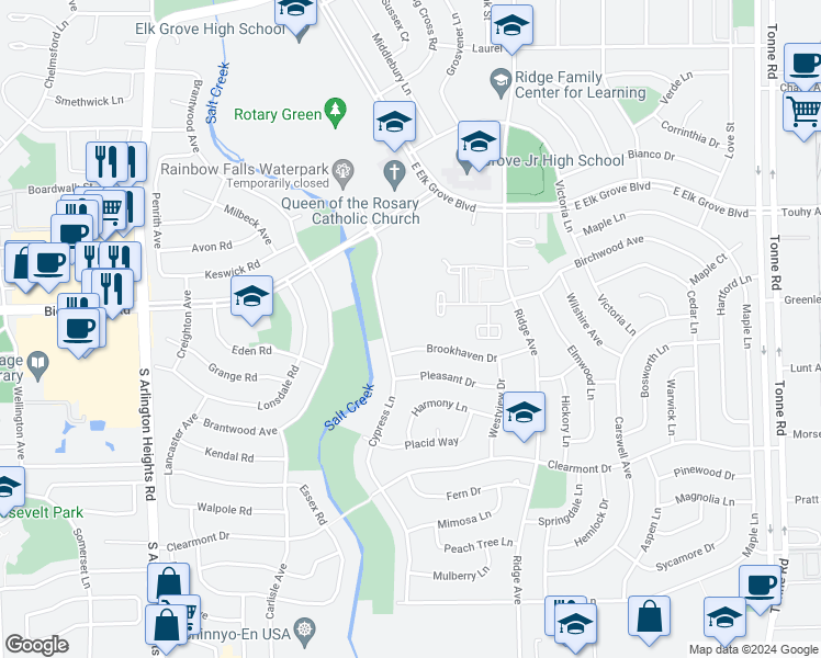 map of restaurants, bars, coffee shops, grocery stores, and more near 975 Jefferson Square in Elk Grove Village