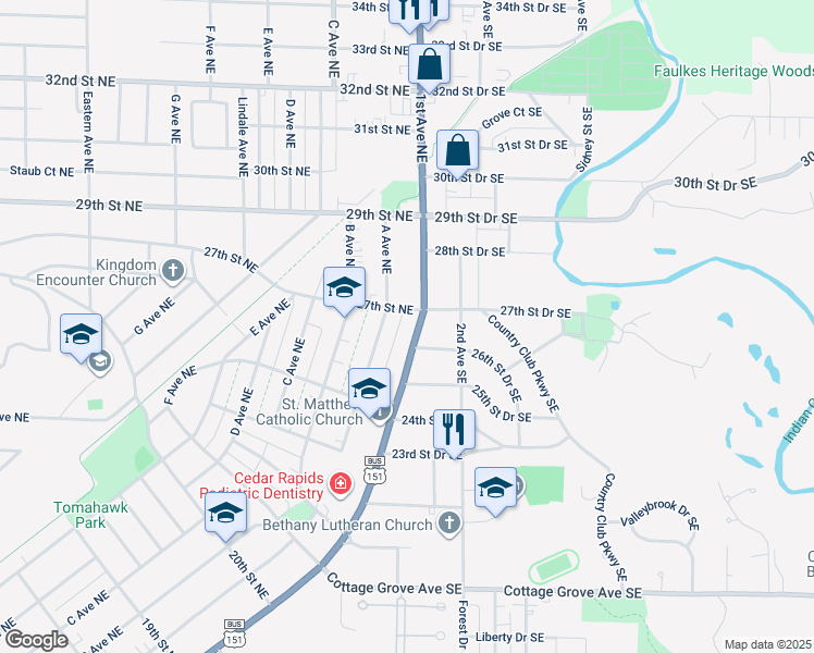 map of restaurants, bars, coffee shops, grocery stores, and more near 2616 1st Avenue Southeast in Cedar Rapids
