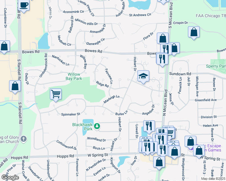 map of restaurants, bars, coffee shops, grocery stores, and more near 1397 Ridge Road in South Elgin