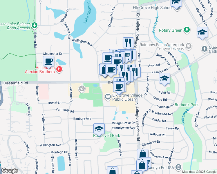 map of restaurants, bars, coffee shops, grocery stores, and more near 901 Wellington Avenue in Elk Grove Village
