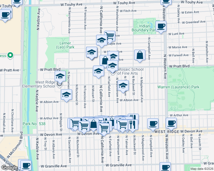 map of restaurants, bars, coffee shops, grocery stores, and more near 6658 North Fairfield Avenue in Chicago