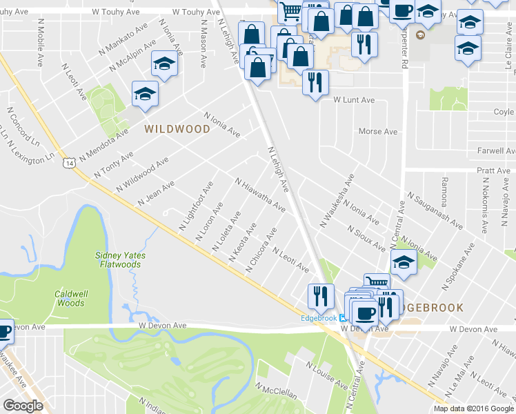 map of restaurants, bars, coffee shops, grocery stores, and more near 6740 N Keota Ave in Chicago