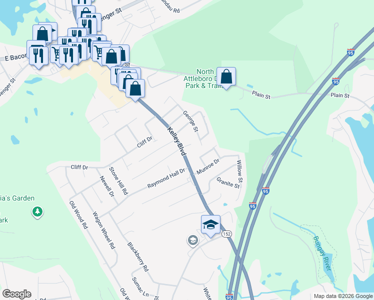 map of restaurants, bars, coffee shops, grocery stores, and more near 5 Byrnes Cir in North Attleborough