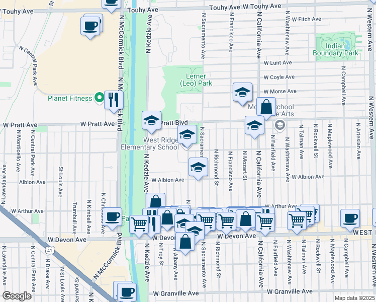 map of restaurants, bars, coffee shops, grocery stores, and more near 6700 North Whipple Street in Chicago