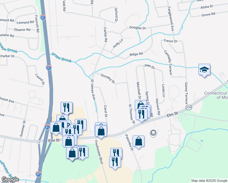map of restaurants, bars, coffee shops, grocery stores, and more near 6 Montclair Drive in Enfield