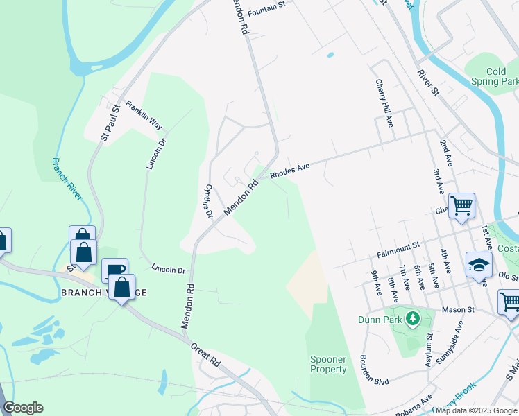 map of restaurants, bars, coffee shops, grocery stores, and more near 400 Mendon Road in North Smithfield