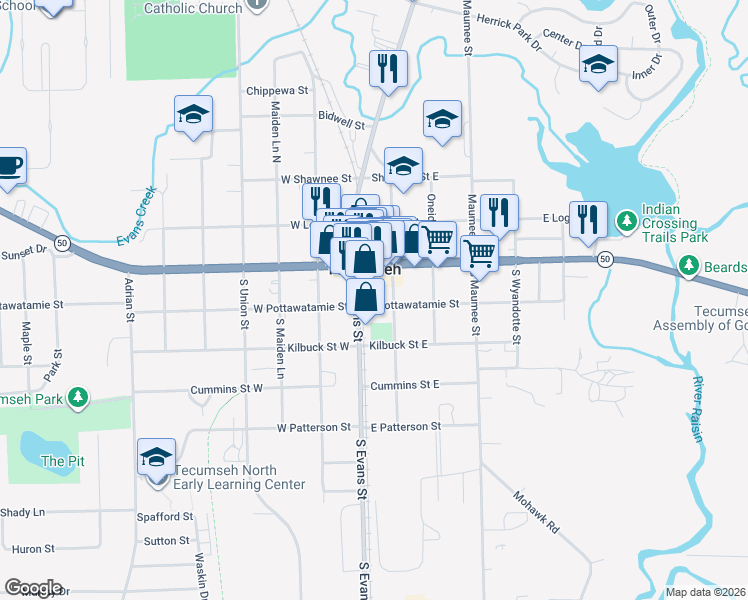 map of restaurants, bars, coffee shops, grocery stores, and more near 105 East Pottawatamie Street in Tecumseh