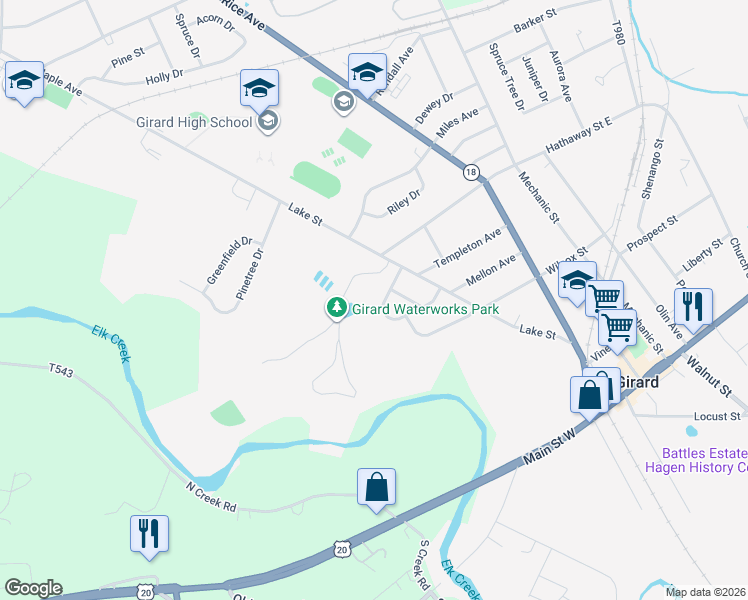 map of restaurants, bars, coffee shops, grocery stores, and more near 541 Kibler Dr in Girard