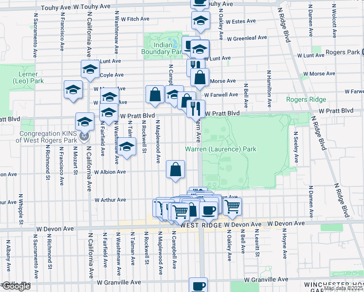 map of restaurants, bars, coffee shops, grocery stores, and more near 6654 North Artesian Avenue in Chicago