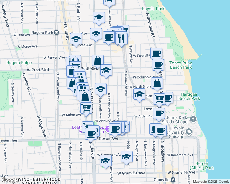 map of restaurants, bars, coffee shops, grocery stores, and more near 6638 North Newgard Avenue in Chicago