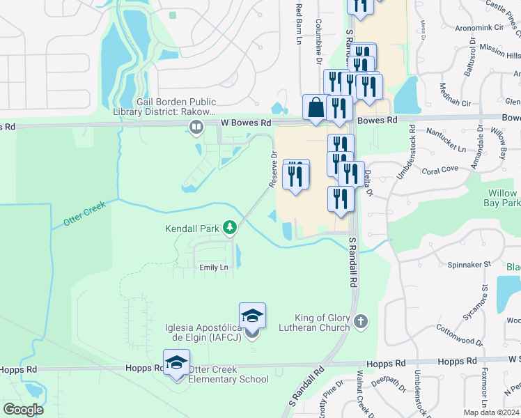 map of restaurants, bars, coffee shops, grocery stores, and more near 1137 Reserve Drive in Elgin