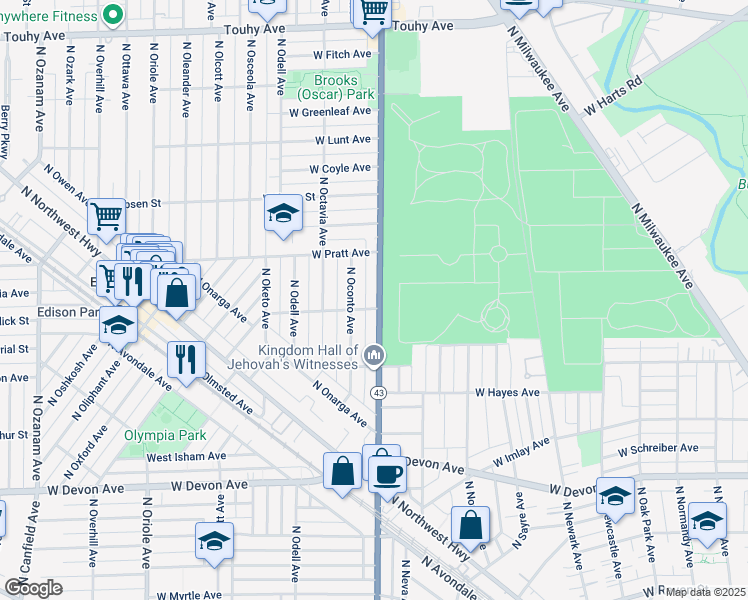 map of restaurants, bars, coffee shops, grocery stores, and more near 6706 Illinois 43 in Chicago