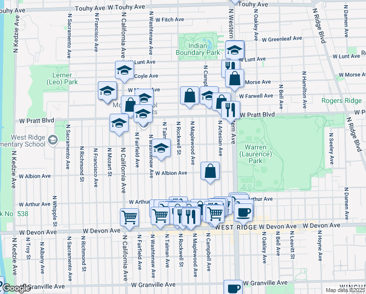 map of restaurants, bars, coffee shops, grocery stores, and more near 2553 West North Shore Avenue in Chicago