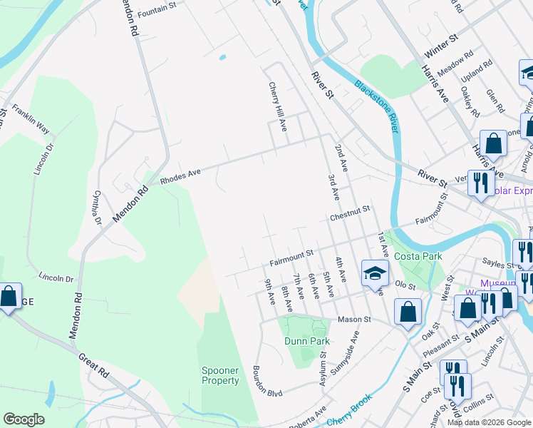 map of restaurants, bars, coffee shops, grocery stores, and more near 329 8th Avenue in Woonsocket