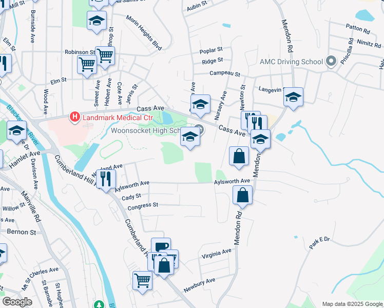 map of restaurants, bars, coffee shops, grocery stores, and more near 400 Aylsworth Avenue in Woonsocket