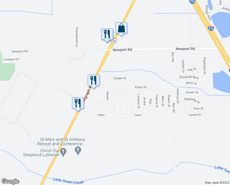map of restaurants, bars, coffee shops, grocery stores, and more near 8560 Killy in Monroe County